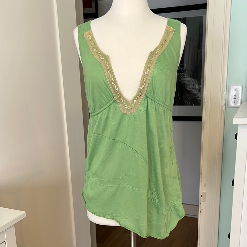 Lux Green sleeveless Top with Gold embroidered-sequin Trim asymmetrical hemline